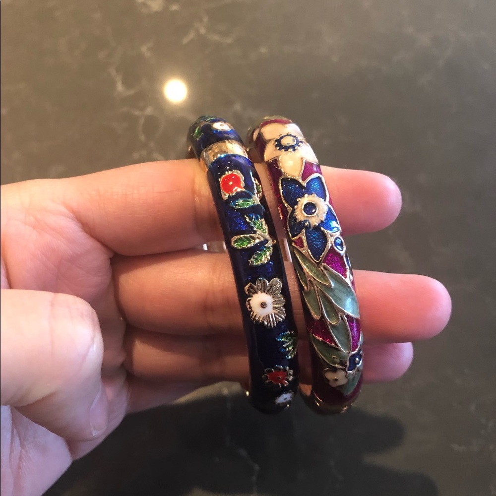 Flower Enamel Rose Gold Tone Bangles Set of 2 New